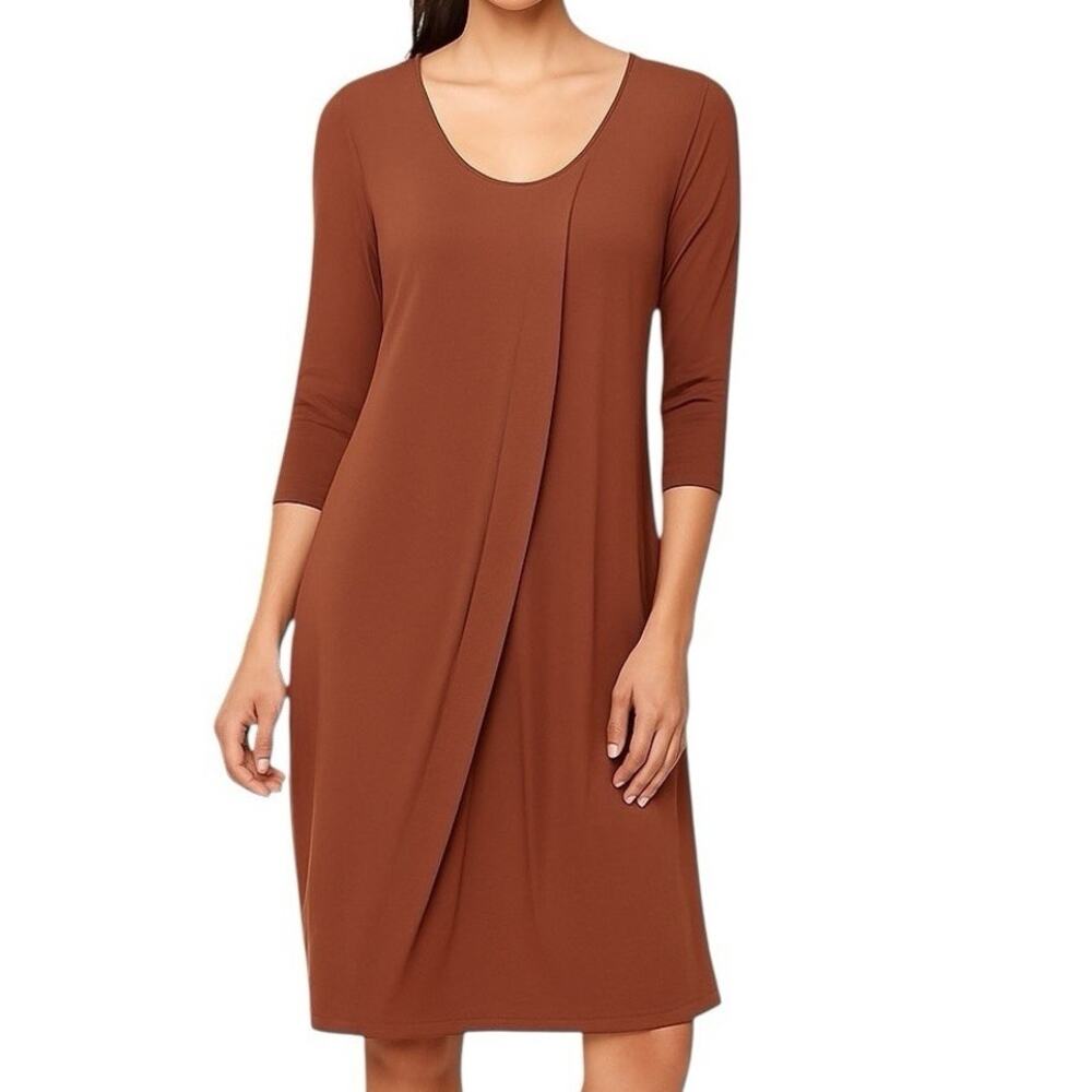 Marla Wynne Lagenlook Dress M Rust Stretch Knit Draped Asym Knee